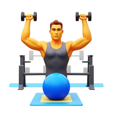An athlete with a defined physique is demonstrating perfect form while performing a chest press on a stability ball. The athlete is wearing a fitted athletic outfit, showcasing their toned muscles. The stability ball is bright blue and is positioned on a gym floor with a light-colored mat underneath. The athlete's arms are extended upward, holding a pair of dumbbells, with focused determination on their face. The background features gym equipment, such as weights and benches, creating an active fitness environment.