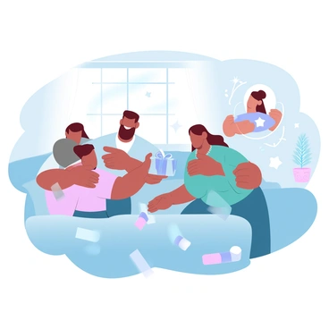 A joyful family reunion with people hugging and exchanging gifts in a cozy living room