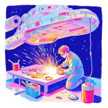 A mechanic is positioned beneath the "Millennium Falcon," working intently on the ship's underbelly. He is wearing a blue jumpsuit and safety goggles, focused on his task. His hands are gripping a wrench and he has a few other tools scattered around him. Bright sparks are flying from where he is welding, illuminating his face with a warm glow. The metallic surface of the ship shows signs of wear and tear, with intricate details like rivets and panels visible. The surrounding area includes small containers holding various mechanical parts and tools, contributing to the busy atmosphere.