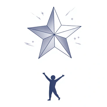 An elegant star with a detailed shape and sharp points is positioned in the center of the image. Surrounding the star are small sparkles that radiate outward, creating a sense of magic and wonder. Below the star, there is a silhouette of a person standing with arms outstretched, conveying an expression of hope and longing. The figure is outlined clearly against the background, emphasizing the interaction between the star and the person making a wish.