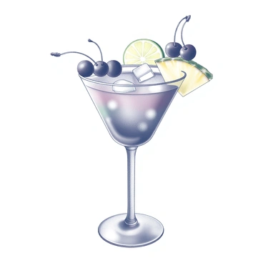 A cocktail glass sits on a flat surface. The glass is filled with a colorful drink, with ice cubes visible within. An elaborate fruit garnish is arranged artistically on the rim of the glass. The garnish includes several cherries, a slice of lime, and a wedge of pineapple, all positioned to enhance the drink's presentation. The scene is well-lit, highlighting the details of the fruits and the texture of the drink.