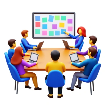 A virtual brainstorming session featuring a group of students engaged in discussion. Each student is sitting at their individual desks with laptops open. A large shared screen displays colorful sticky notes filled with ideas. Students are actively pointing at the screen and taking notes. Diverse backgrounds of the students are visible, indicating a mix of different cultures and perspectives. A warm, bright room with good lighting enhances the atmosphere of collaboration.