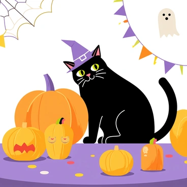 A black cat sitting on a table at a Halloween party, wearing a tiny purple witch hat with a silver buckle. The table is decorated with several bright orange pumpkins of various sizes, some carved with grinning faces. Colorful party decorations are scattered around, creating a festive atmosphere. In the background, there are cobwebs hanging from the ceiling and ghostly floating decorations. The cat has bright green eyes and a playful expression, looking curiously at the pumpkins.
