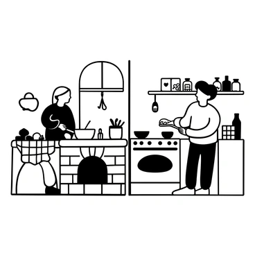 A split scene showing two kitchens. On the left side, a grandmother with a headscarf is standing in front of a traditional wood stove, stirring a pot with a wooden spoon. The stove has a brick surround, and a few herbs hang from hooks nearby. A checkered tablecloth is visible on a nearby table, with a variety of vegetables arranged on it. On the right side, a young chef in a modern uniform is focused on a sleek, stainless steel oven. The chef is placing a baking tray inside the oven, with various cooking utensils displayed on the counter. A row of contemporary spice jars is neatly arranged on a shelf above. A large window is visible in the background of each kitchen, letting in light.