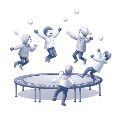 Several children are on a trampoline, each bouncing energetically. They are laughing and smiling while attempting to throw "snowballs" at each other. Each child is wearing winter clothing, including gloves, hats, and jackets. The scene captures the playful chaos as some snowballs are mid-flight, while others are just forming in their hands. The background shows a hint of winter scenery, with "snow" covering the ground around the trampoline. One child is in mid-air, arms outstretched, while another crouches down to prepare for the next throw.