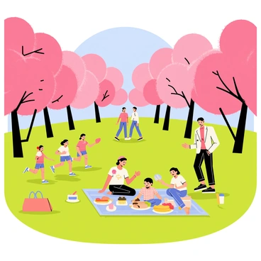 A park scene in Korea with bright pink cherry blossoms in full bloom, forming a beautiful canopy over the area. Several people are scattered on a vibrant green lawn, enjoying a picnic. A family is seated on a colorful blanket, surrounded by a variety of food items including sandwiches, fruits, and drinks. Nearby, two children are playing with a frisbee, laughing as they run. In the background, a couple takes a leisurely stroll, admiring the blossoms. The sky is clear blue, creating a cheerful atmosphere.