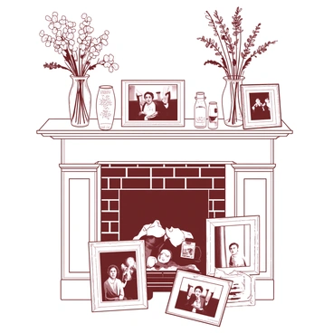 A white old fireplace mantle is adorned with an array of dried flowers in various shapes and sizes, some standing tall in vintage glass vases while others are loosely arranged in clusters. Scattered across the mantle are several faded black-and-white photos in ornate frames, showcasing moments frozen in time. The frames vary in design, some with intricate carvings, while others have a more minimalist approach. In the background, the brick fireplace is visible, its surface slightly worn, adding to the nostalgic atmosphere of the scene.