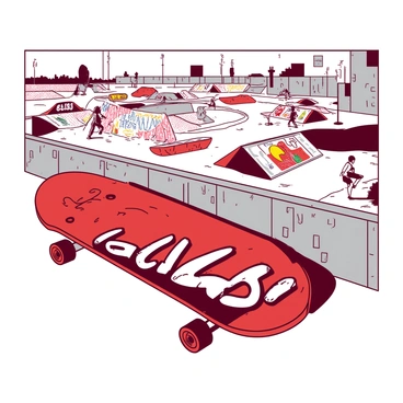 A skateboard deck illustrated with a reel of vibrant street art in an urban skatepark