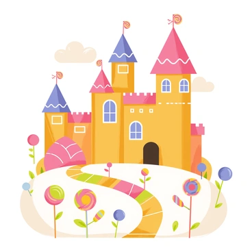 A whimsical castle made entirely of candy, featuring walls of brightly colored gingerbread with icing decorations. The turrets are topped with swirled lollipops, and the windows are made of translucent sugar glass. Surrounding the castle are gumdrop pathways, with a variety of vibrant gumdrops in different shapes and sizes forming a winding route. Lollipop flowers with long candy cane stems are scattered throughout the landscape, adding to the playful atmosphere. Sugar clouds float above the scene, completing the delightful environment.