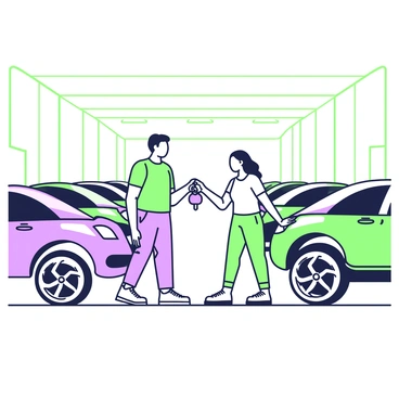 A vibrant car showroom with a salesperson handing over the keys to an excited new owner