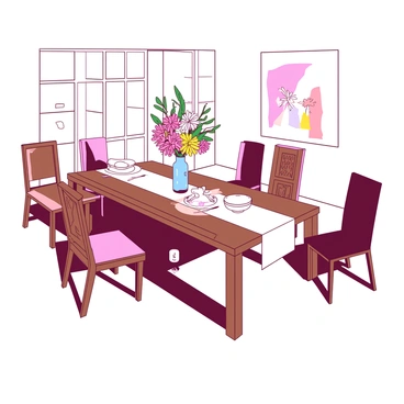 A spacious dining room with a polished wooden table at the center. The table is set with a white tablecloth, a vase filled with colorful flowers, and elegant tableware. Surrounding the table are seven distinct chairs, each with unique designs: one is a tall-backed chair with intricate carvings, another is a sleek modern chair with a minimalist look, while a third is upholstered in a soft fabric. The colors of the chairs vary, creating a vibrant contrast. The walls of the dining room are painted in a soft hue, enhancing the inviting atmosphere of the space. A large window allows natural light to flood into the room, casting soft shadows on the floor.