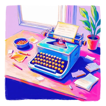 A vintage typewriter sits prominently on a wooden desk, its keys worn and gleaming under soft light. Scattered around the typewriter are several crumpled and neatly folded pieces of paper, some with typed text and others blank. To one side, a filled ashtray rests, containing remnants of burnt cigarette butts. The wooden surface of the desk has a rich grain, and there are subtle scratches that tell a story of years of use. A small potted plant with green leaves is placed near the edge of the desk, adding a touch of life to the scene.
