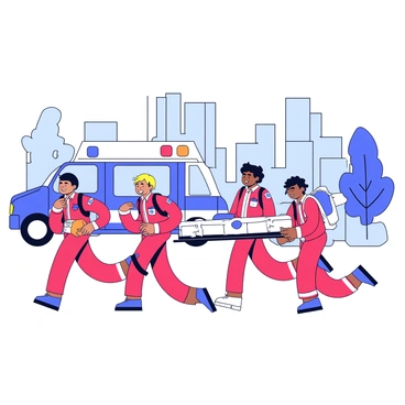 A group of paramedics dressed in bright red uniforms rushes towards an emergency scene in a Canadian city. They carry a rescue stretcher and medical equipment in their hands. One paramedic is opening a first aid kit, preparing to assist a patient. In the background, a cityscape featuring tall buildings and trees is visible. A blue and white ambulance is parked nearby, with its lights flashing. The scene conveys urgency and teamwork, underscoring the crucial role of protection plans in emergency responses.