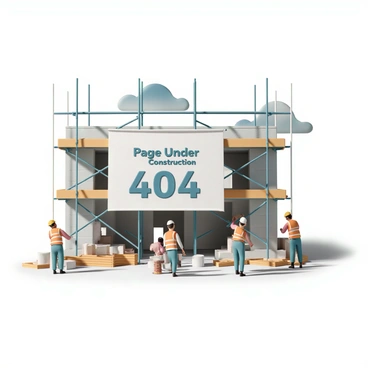 A construction site with an unfinished building and a banner saying 'Page Under Construction: 404'