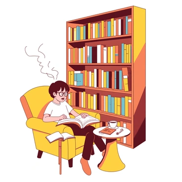 A yellow cozy library corner features a tall bookshelf filled with various art books, their colorful spines lining the shelves. In the foreground, there is a warm orange armchair where a student is sitting, deeply immersed in an open art book. The student has short brown hair and is wearing glasses, with a focused expression on their face as they turn the pages. A small round table beside the armchair holds a steaming cup of coffee and a sketchbook, suggesting a creative atmosphere. Soft light from a nearby lamp casts a gentle glow over the scene, enhancing the inviting ambiance of the library corner.