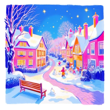 A quaint snowy village features charming houses with sloping roofs covered in soft white snow. The streets are lined with snow-covered trees, their branches heavy with frost. "Star spren" float gently in the air, casting a warm, glimmering glow over the rooftops. The village is illuminated by the soft light of the spren, creating a magical atmosphere. In the foreground, a wooden bench is partially buried in snow, while a small group of children can be seen making snowmen nearby. The scene captures the tranquility and beauty of winter in this enchanting village.