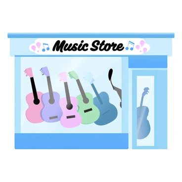 A music store storefront features large glass windows displaying several guitars and violins. The guitars, in various colors and styles, are arranged prominently along the center of the window. The violins, elegantly shaped, are positioned on either side of the guitars. A colorful sign above the window that reads "Music Store" enhances the storefront's charm. The entrance to the store is visible, with an open door inviting customers inside.