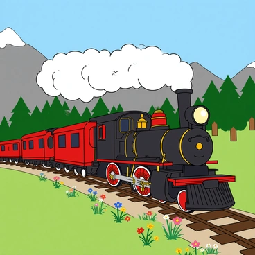A vintage steam train with a black and red engine is chugging along a winding mountain track. The train is billowing white steam from its smokestack, creating puffs that rise into the clear blue sky. In the background, towering mountains with green pine trees line the track, their peaks dusted with snow. The train features shiny brass details and dark wooden carriages, some of which have large windows. Colorful wildflowers are blooming along the sides of the track, adding splashes of color to the lush landscape. The scene captures the excitement of travel through a beautiful mountainous region.