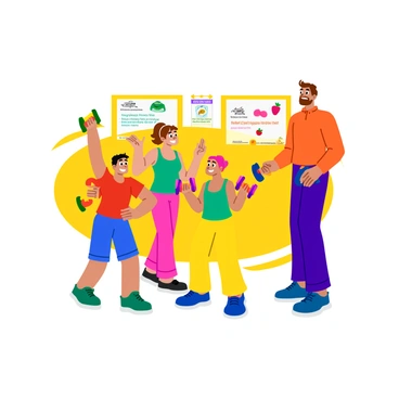 A group of four children in a brightly colored fitness class is learning to do dumbbell front raises. Each child holds a small, colorful toy weight with both hands in front of them. The first child, wearing a red t-shirt and blue shorts, has a big smile as they lift their toy weight. The second child, dressed in a green tank top and yellow leggings, looks focused while keeping their arms steady. The third child, in a pink shirt and purple shorts, is laughing as they attempt to mimic the instructor. The fourth child, wearing an orange outfit, is looking up at the instructor for guidance. The background features vibrant posters of healthy foods and exercise tips.