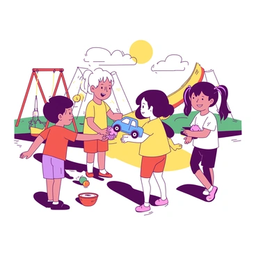 A group of children is gathered on a playground, happily trading toys and snacks with each other. One child, wearing a red shirt, is exchanging a blue toy car with another child in a yellow dress who is holding a pink cupcake. Nearby, a girl with purple pigtails is sharing a green ball with a boy dressed in orange shorts. In the background, there are swings and a slide, adding to the lively atmosphere of the playground. The sun is shining brightly, illuminating the cheerful interactions among the children.