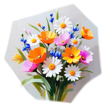 A close-up view of a cross-stitch pattern showcasing a vibrant bouquet of wildflowers. The pattern includes various flowers such as daisies, bluebells, and poppies, intricately designed with colorful threads. Each flower is detailed, displaying a variety of shades, from bright yellows and whites to deep blues and reds. The background consists of subtle stitching that suggests green foliage, enhancing the floral composition. The texture of the fabric is visible, adding depth to the overall image of the cross-stitch work.