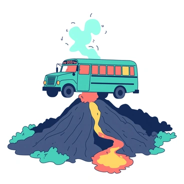 A teal magic school bus is hovering just above an erupting volcano, with smoke billowing from the top. The volcano's sides are dark and rugged, contrasting sharply with the bright orange lava that is flowing down its slopes. The bus has its windows glowing, suggesting activity inside, as the molten lava splashes in vibrant rivulets below. The landscape surrounding the volcano is dotted with dark rocks and patches of green vegetation, framing the dramatic scene.