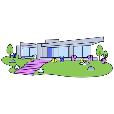 A sleek modern home made primarily of concrete. The house features large glass windows that allow natural light to flood the interior. Surrounding the home are landscaped gardens with neatly trimmed grass and a variety of vibrant flowers. There are decorative stones and pathways leading up to the entrance of the house. A few small trees are strategically placed throughout the garden to add greenery.