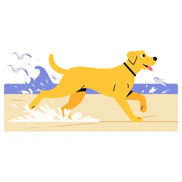 A yellow Labrador running energetically along a sandy shoreline with its tongue out and ears flapping in the wind. The dog is splashing through shallow water as waves crash behind it, sending droplets into the air. Bright sunlight illuminates the scene, creating a warm atmosphere. In the background, there are seagulls flying above the water, adding to the lively beach setting.
