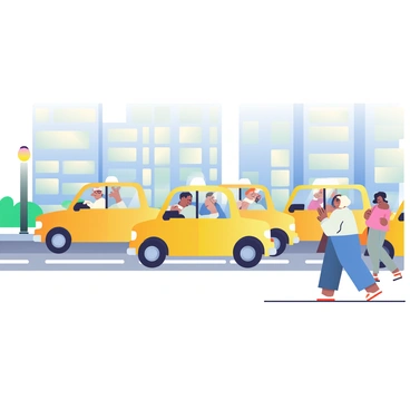 A line of yellow taxis is parked along a city street, their bright colors contrasting with the gray asphalt. Each taxi has a driver seated inside, some casually resting their arms on the steering wheel while others are checking their phones. The taxis are lined up neatly, with their headlights turned on, creating a uniform look. In the background, there are tall buildings with large windows reflecting the sunlight. A few pedestrians are walking by on the sidewalk, glancing at the taxis as they pass.