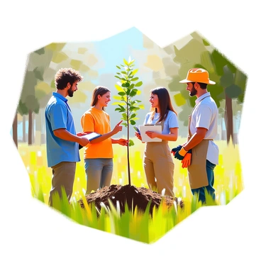 A group of four people standing together in a vibrant green park, discussing and smiling as they agree to plant trees. One individual with curly brown hair is holding a small sapling, while another, wearing a blue shirt, points to an area of the park where the trees will be planted. The third person, a woman with long straight hair, is taking notes on a clipboard, and the fourth person, in a yellow hat, is holding gardening gloves. In the background, lush grass and a row of tall trees can be seen, creating a sense of a thriving natural environment.