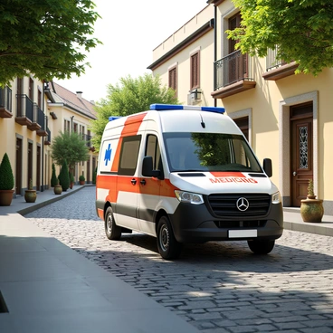 A medical transport van, designed for emergency services, is traveling down a quaint historical district featuring cobblestone streets. The van has a bright white exterior with red and blue markings indicating medical services. Surrounding the van, there are charming old buildings with traditional architecture, complete with wooden shutters and wrought-iron balconies. The cobblestone streets are narrow and lined with small decorative trees and planters, adding to the picturesque atmosphere. Sunlight filters through the leaves, casting dappled shadows on the ground as the van makes its way through the scene.