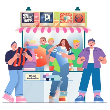 A colorful stand at a music concert is selling band-themed jerseys. The stand is adorned with bright banners displaying various band logos and album covers. Excited fans are gathered around the stand, some wearing jerseys of their favorite bands. A young woman with long brown hair is holding a red and black jersey while smiling broadly. A man beside her is pointing at a blue and white jersey, clearly thrilled. There are several folded jerseys stacked on a display table, and a small sign in front reads "Official Merchandise." The background shows a lively concert atmosphere with a crowd enjoying the performance.