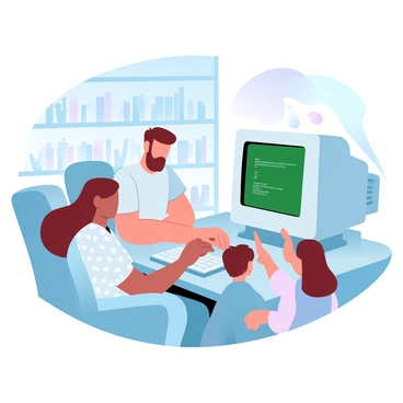 A family is gathered around a home computer that is running DOS, typical of the 1980s. The computer features a bulky monitor with a green screen displaying command text. A man is sitting at the desk, wearing a short-sleeved shirt, typing on the keyboard. Next to him, a woman in a patterned blouse is leaning on the desk, looking at the screen with interest. Two children, a boy and a girl, are sitting on the floor, engaged and pointing towards the screen. The room has vintage wallpaper and a bookshelf filled with books and small knick-knacks. A lamp on the desk casts a warm glow over the scene, adding to the nostalgic atmosphere.
