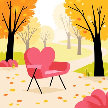 A love chair with a heart-shaped backrest and plush red cushions is placed in the center of a park. The ground is covered with a thick layer of fallen orange, yellow, and brown autumn leaves. Trees with vibrant fall foliage surround the chair, their leaves gently fluttering in the breeze. Soft sunlight filters through the branches, creating dappled shadows on the ground. In the background, a pathway winds through the park, leading to more trees and an inviting atmosphere.
