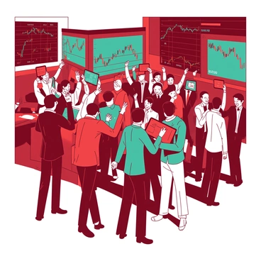 A red and teal stock exchange floor is filled with busy traders in formal attire, engaging in animated discussions. Some traders are holding up electronic tablets displaying various financial charts and graphs. The background features large screens showing fluctuating stock prices and market trends in vibrant colors. In the center of the scene, a group of traders stands closely together, intently analyzing data and pointing at the screens. The atmosphere is lively, with people moving quickly and communicating energetically.