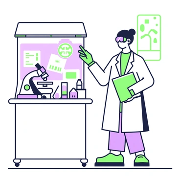 A researcher is standing in a laboratory while wearing protective gear including a white lab coat, gloves, and goggles. They are demonstrating safety protocols, holding a clipboard in one hand and pointing at a safety sign that is mounted on the wall. The lab is equipped with various scientific instruments, such as a microscope and beakers on a workbench. A fume hood is visible in the background, with a green light indicating that it is operational. The floor is tiled and the area is well-lit, emphasizing the organized nature of the lab environment.