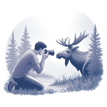 A wildlife photographer is positioned in a forested area, focusing intently on capturing an image of a moose. The photographer is kneeling on one knee, holding a large professional camera with a zoom lens aimed at the moose's head. The moose is partially visible among the dense trees and shrubs, showcasing its prominent antlers and large, expressive eyes. Sunlight filters through the leaves, casting natural shadows on the ground, while the photographer remains hidden behind foliage to avoid disturbing the animal.
