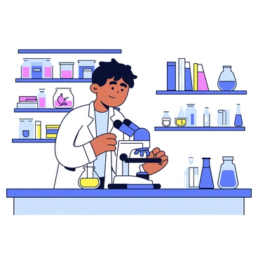 A scientist wearing a white lab coat is standing at a lab bench. The scientist has short black hair and is focusing on a microscope, which is positioned on the bench. Next to the microscope is a glass slide containing a sample. Various lab equipment, such as test tubes and pipettes, are neatly arranged on the bench. The background features shelves filled with labeled containers and books on science.
