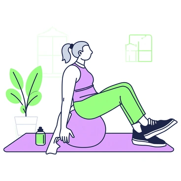 An elderly person is performing hip thrust exercises on a workout mat in a well-lit room. They are sitting on the mat with their back against a stability ball for support. The individual has gray hair tied back in a ponytail and is wearing comfortable fitness attire. Their feet are flat on the ground, and they are lifting their hips towards the ceiling, creating a straight line from their shoulders to their knees. A water bottle is placed nearby, along with a towel draped over one side of the mat. A few potted plants are visible in the background, adding a touch of nature to the scene.
