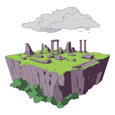 Ancient ruins made of weathered stone are scattered across the flat top of a plateau. The remnants of tall columns, broken walls, and crumbling structures can be seen throughout the landscape, each covered in patches of green moss. Above, a cloudy sky filled with thick gray clouds looms, casting shadows over the ruins and creating a dramatic atmosphere. The plateau's edges drop steeply into a lush valley below, enhancing the sense of height and isolation of the ancient site.