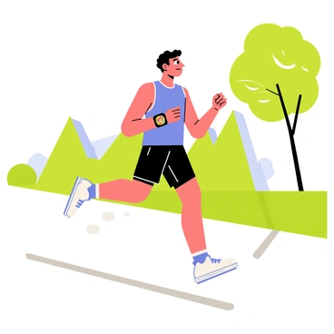 A jogger wearing a bright blue tank top and black shorts is running on a paved path in a park. The jogger is looking at a smartwatch on their wrist, which displays a colorful fitness app interface. Trees with green leaves are visible in the background, along with a clear blue sky. The jogger has a focused expression, emphasizing their determination to stay fit. A pair of white running shoes is visible as they stride forward.