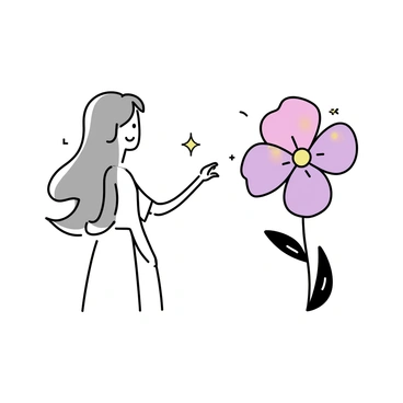 A woman with long, flowing silver hair stands elegantly, wearing a flowing white gown that softly drapes around her figure. She is reaching out with a delicate hand towards a large, vibrant blossom that has just bloomed before her, petals unfurling in shades of deep pink and soft lavender. The flower appears to shimmer as if responding to her touch, with golden pollen dusting its center. The background features subtle hints of greenery, emphasizing the tranquility of the moment.