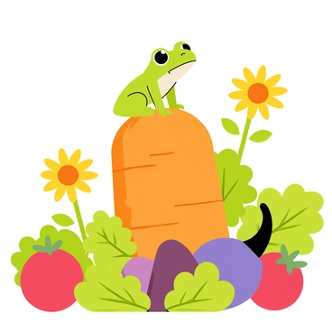 A small green frog is sitting atop a giant orange carrot in a vegetable garden. The carrot is surrounded by lush green leaves and various colorful vegetables, such as red tomatoes and purple eggplants. Bright yellow sunflowers can be seen in the background, casting cheerful light over the scene. The frog has big round eyes and a smooth glossy skin, contrasting with the rough texture of the carrot.