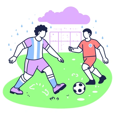 A soccer player with black curly hair is skillfully dribbling a soccer ball on a rainy field. He is wearing a blue and white striped jersey along with matching shorts and cleats. Raindrops are visibly splashing around his feet as he maneuvers the ball expertly. The field is muddy with puddles forming, and the sky above is overcast with dark clouds. Grass is damp and glistening from the rain, while the player’s expression shows focus and determination as he moves past an opponent in a red jersey.