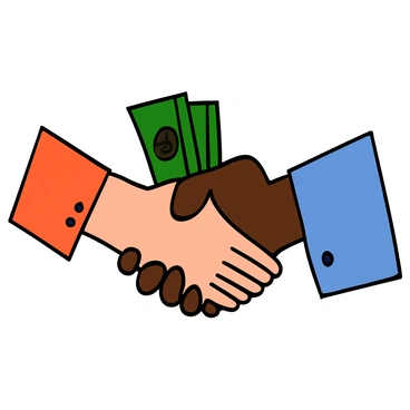 Two hands shaking with a stack of cash hidden between them