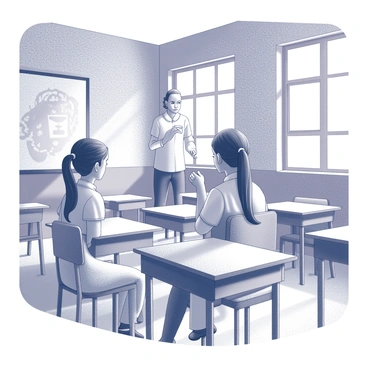 A classroom interior featuring a Bengali girl sitting at her desk. She has dark hair tied back, wearing a school uniform, and is attentively listening to a teacher. The teacher stands in front of a chalkboard, pointing at a lesson while holding a piece of chalk. Surrounding the girl are walls adorned with traditional Bengali artwork, including intricate patterns and designs. The classroom is filled with wooden desks and chairs, with sunlight streaming through windows, casting shadows on the floor.