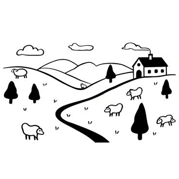 A black-and-white illustration of a countryside landscape featuring rolling hills in the background. Several sheep are scattered across the grassy fields. There are small trees dotting the area, and a winding dirt path leads through the scene. In the distance, a quaint farmhouse can be seen, with a chimney and smoke rising from it. The sky above is filled with fluffy clouds.