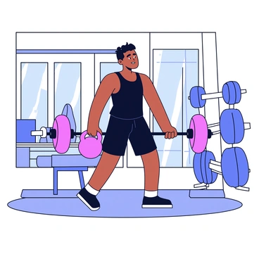 A strong athlete performing a kettlebell deadlift in a modern gym. The athlete has a muscular build and is wearing a black tank top and shorts. They are focused, with their eyes on the kettlebell, which is a bright red color. The gym features large windows allowing natural light to flood in, and there are various workout equipment and weights neatly arranged in the background. The floor is polished and wooden, adding to the contemporary feel of the space.