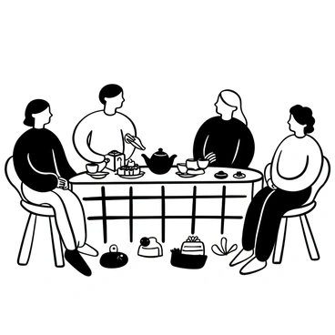 A family of four gathered around a large wooden table, adorned with a checkered tablecloth. The table is filled with an assortment of cakes and cookies placed on elegant plates. There is a teapot next to a stack of teacups, with steam rising gently from the spout. The family members are engaged in conversation, one is pouring tea while another reaches for a cookie. Decorative festive elements, such as a small evergreen centerpiece and a few scattered ornaments, are arranged on the table.
