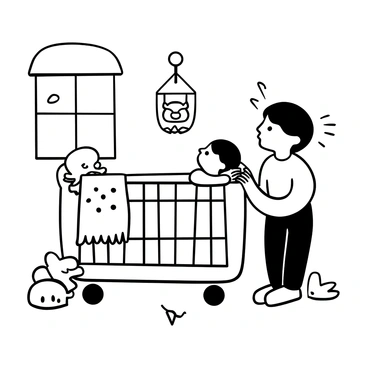 A young sibling standing beside a crib, looking down with curiosity at a newborn baby lying inside. The crib is decorated with a soft blanket and stuffed animals placed around it. The young sibling has a look of wonder, with their hands resting on the crib's edge. Light from a nearby window casts gentle patterns on the floor, creating a warm atmosphere in the room. A colorful mobile hangs above the crib, adding to the scene's charm.